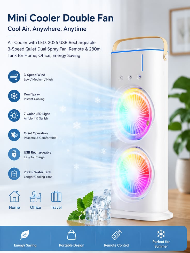 Aurora Dual-Fan Portable Tower – RGB LED Desktop Cooling Fan with Carry Strap