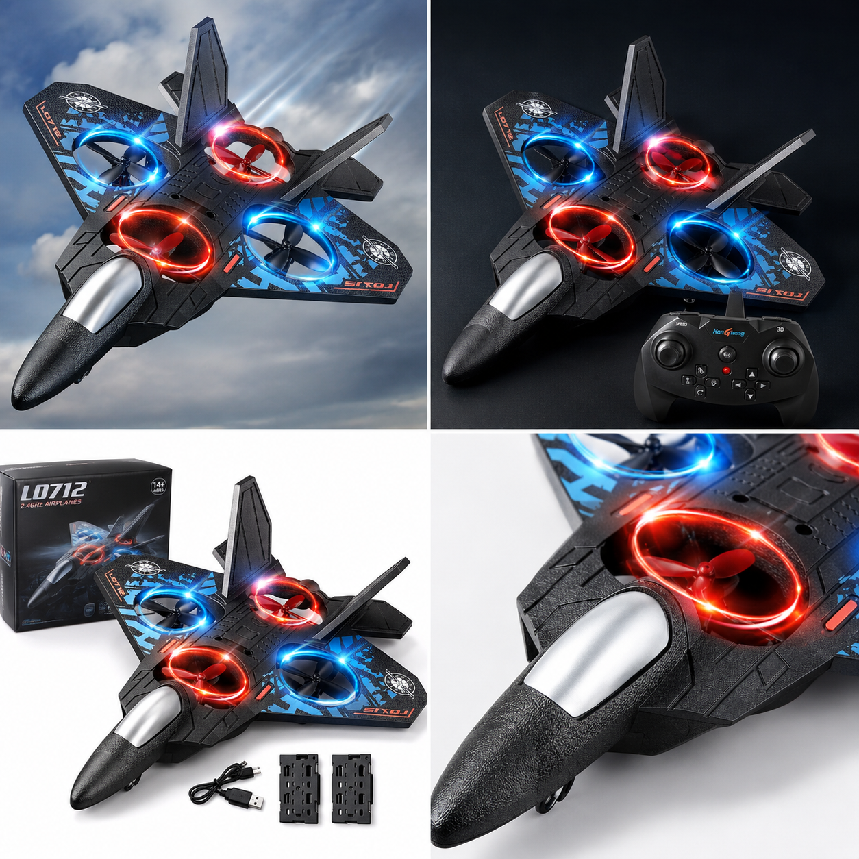 LO712 Fighter Jet RC Drone – 2.4GHz Stunt Quadcopter with LED Lights, 3D Flip & 2 Batteries