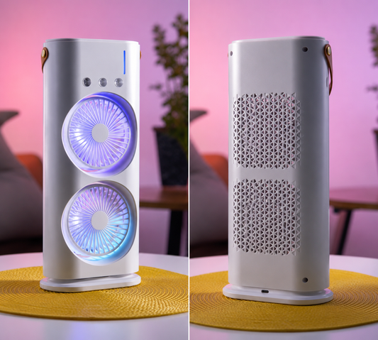 Aurora Dual-Fan Portable Tower – RGB LED Desktop Cooling Fan with Carry Strap