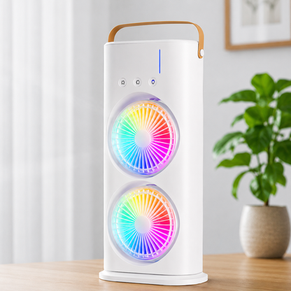 Aurora Dual-Fan Portable Tower – RGB LED Desktop Cooling Fan with Carry Strap