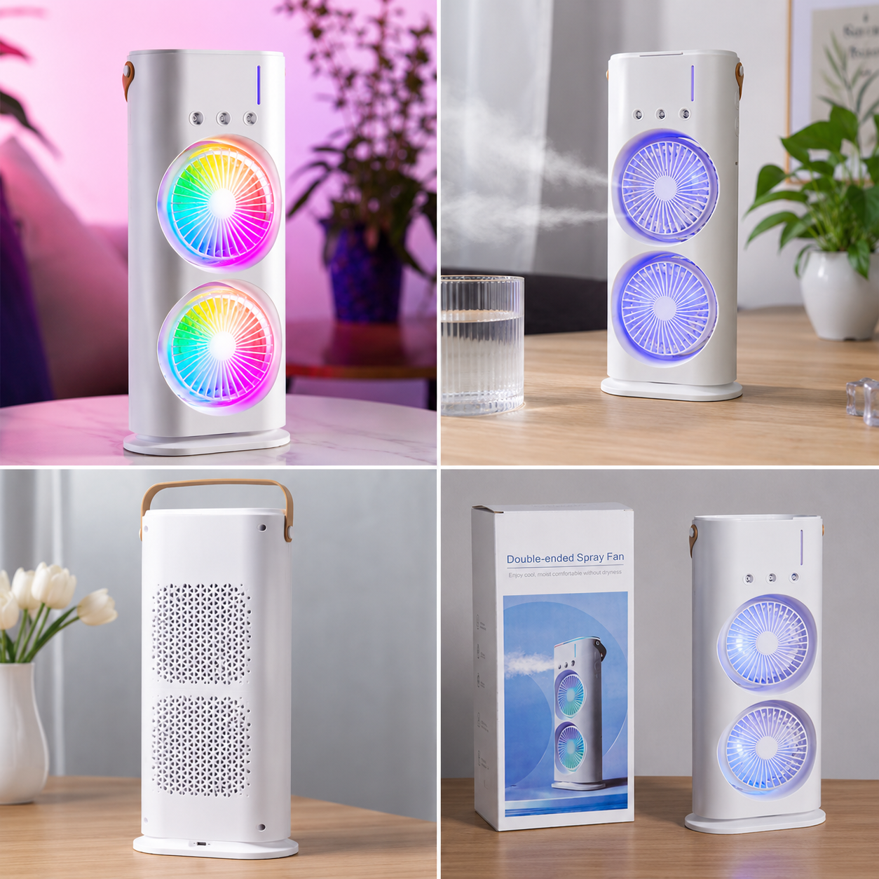 Aurora Dual-Fan Portable Tower – RGB LED Desktop Cooling Fan with Carry Strap