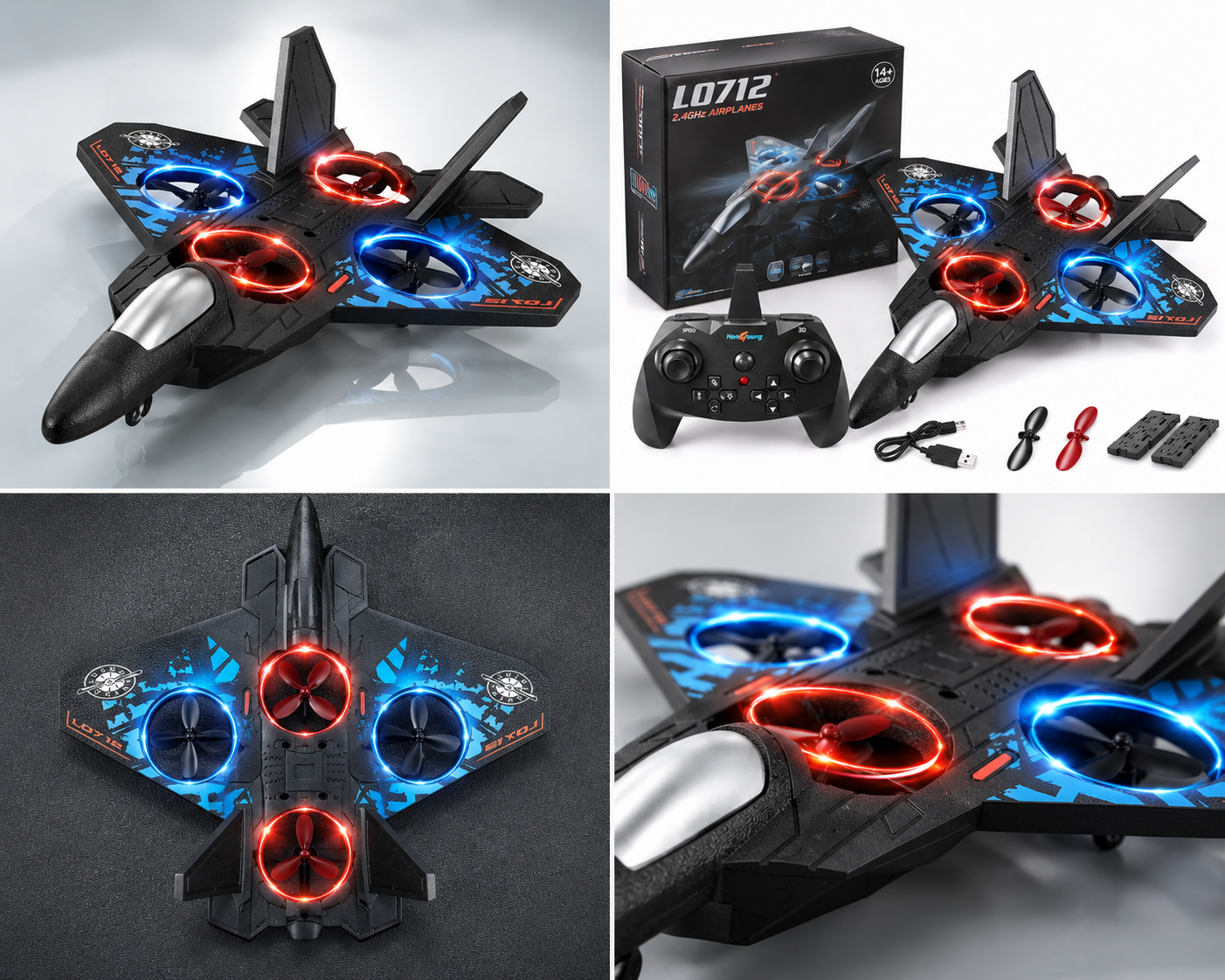 LO712 Fighter Jet RC Drone – 2.4GHz Stunt Quadcopter with LED Lights, 3D Flip & 2 Batteries